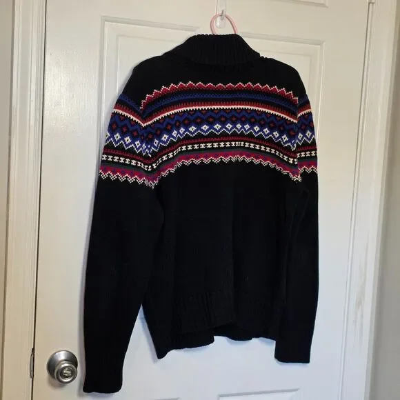 Lauren Ralph Lauren Cotton Sweater Black Shawl Fair Isle Nordic Design Toggle XL - Picture 9 of 9